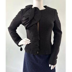 Rebecca Taylor Black Wool Blend Ruffle Jacket Zip Fitted Statement Blazer Size 2